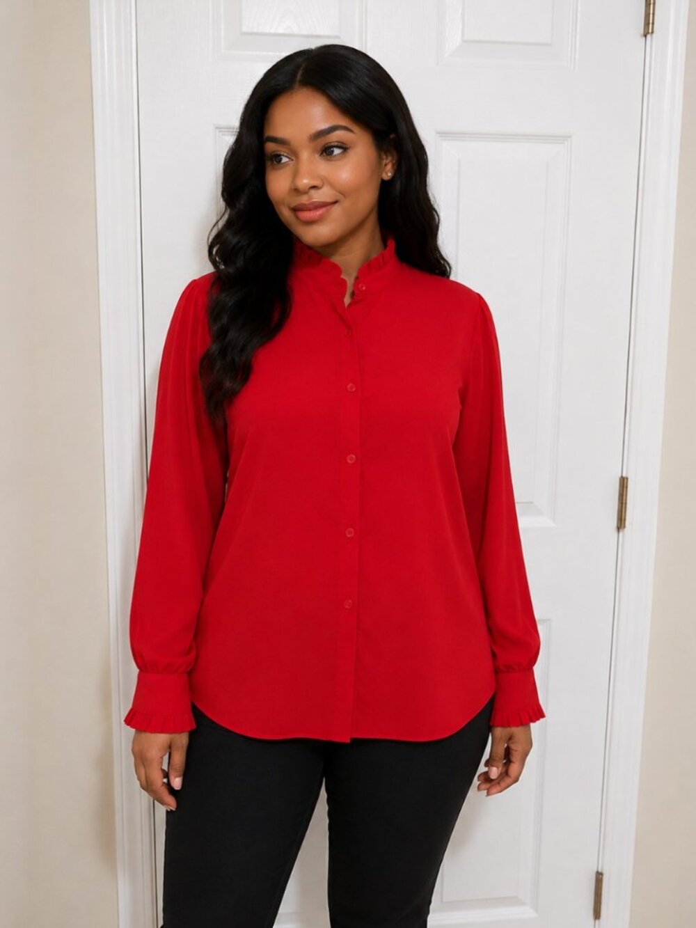 Ann Taylor petite women's classic Red Button Front Blouse Size SP Ruffle Neck.
